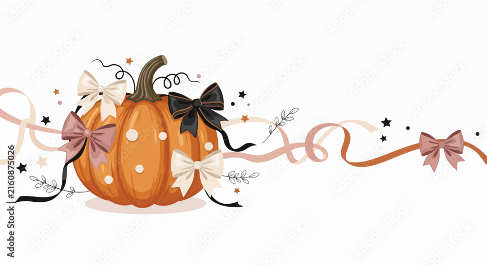 Fototapeta premium Decorated pumpkin with bows and ribbons for autumn