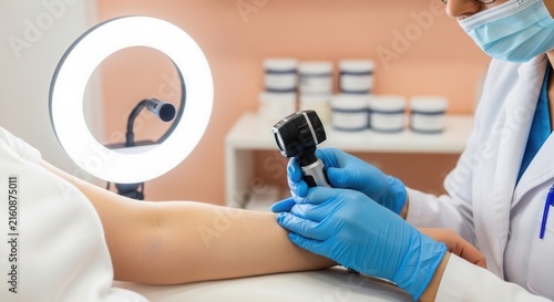 Dermatologist examines arm with dermatoscope under ring light, close-up on skin check for moles and lesions in medical clinic.