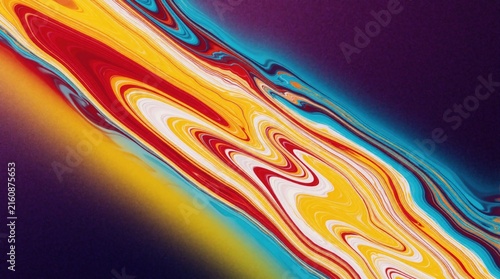 Abstract diagonal background with colorful liquid swirl pattern. Vibrant red yellow, blue waves flow on purple grainy texture. Modern fluid motion design with psychedelic effect for web banner,