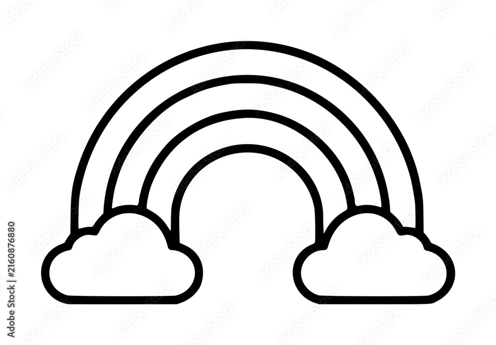 Fototapeta premium Hand-traced black and white vector illustration of a rainbow arching between two fluffy clouds, minimalist line art icon with bold outlines on a clean white background, simple weather symbol design