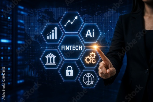 Business professional interacting with fintech and ai technology interface on digital screen