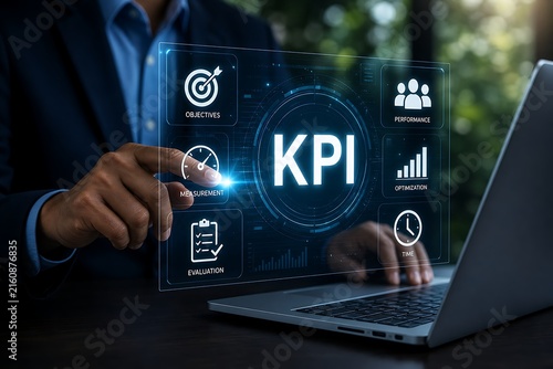 Business professional analyzing kpi data on digital screen with holographic interface