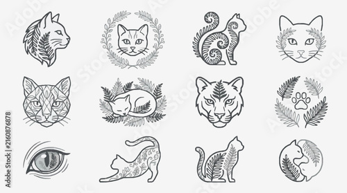 Sleek Minimalist Line Art Collection of Cats and Feline Eyes with Elegant Laurel Wreaths and Nature Patterns in Monochrome