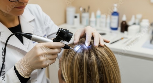 Dermatologist examines patient's scalp with dermatoscope for hair loss or scalp condition diagnosis in a clinic.
