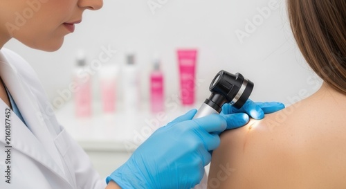 Dermatologist examines patient's skin with dermatoscope for mole check, focusing on skin health and early detection of melanoma.