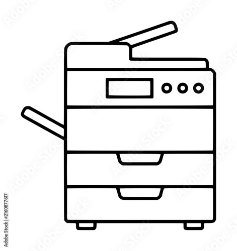 Hand-traced black and white line art vector icon of a classic office photocopier with document feeder tray, control panel, three indicator buttons, paper output slot, and pull-out storage drawers,