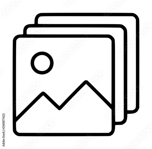 Hand-traced minimalist vector line icon of stacked photo image frames showing mountain landscape with sun, black outline illustration on white background, clean editable graphic resource