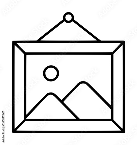 Minimalist hand drawn vector icon of a hanging picture frame with mountain landscape and sun silhouette inside, black outline illustration for graphic design, decorative art symbol