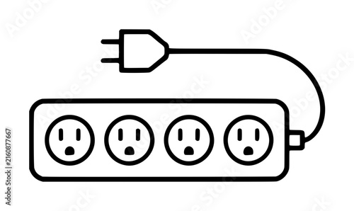 Hand-traced vector icon illustration of a black outlined power strip with four sad face electrical outlets and a connected plug, minimalist line drawing on white background
