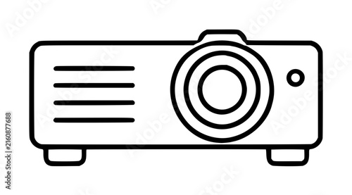 Minimalist black line vector icon of a home cinema projector featuring a central lens, ventilation slits, and small indicator, perfect for modern flat design illustrations and digital interfaces