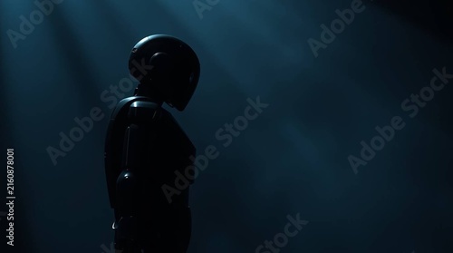 4K Dark silhouette of a humanoid AI robot assistant isolated against a black background, creating a futuristic and mysterious representation of artificial intelligence, robotics, automation