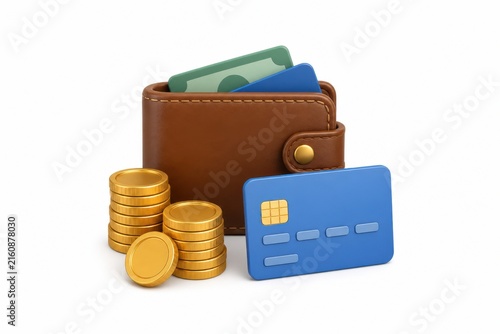 Brown leather wallet with cash and a blue credit card beside stacks of gold coins on a white background, representing personal finance and budgeting concepts