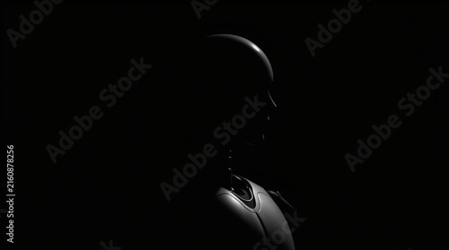 4K Dark silhouette of a humanoid AI robot assistant isolated against a black background, creating a futuristic and mysterious representation of artificial intelligence, robotics, automation