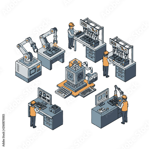 Принти на полотні Smart manufacturing factory floor showing isometric robotic assembly lines, computerized numerical control machines, and mechanical engineering operators
