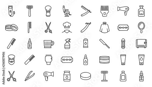 Fotografie Barbershop and Gentlemen Hair Salon Grooming Line Icon Set with Scissors Razors