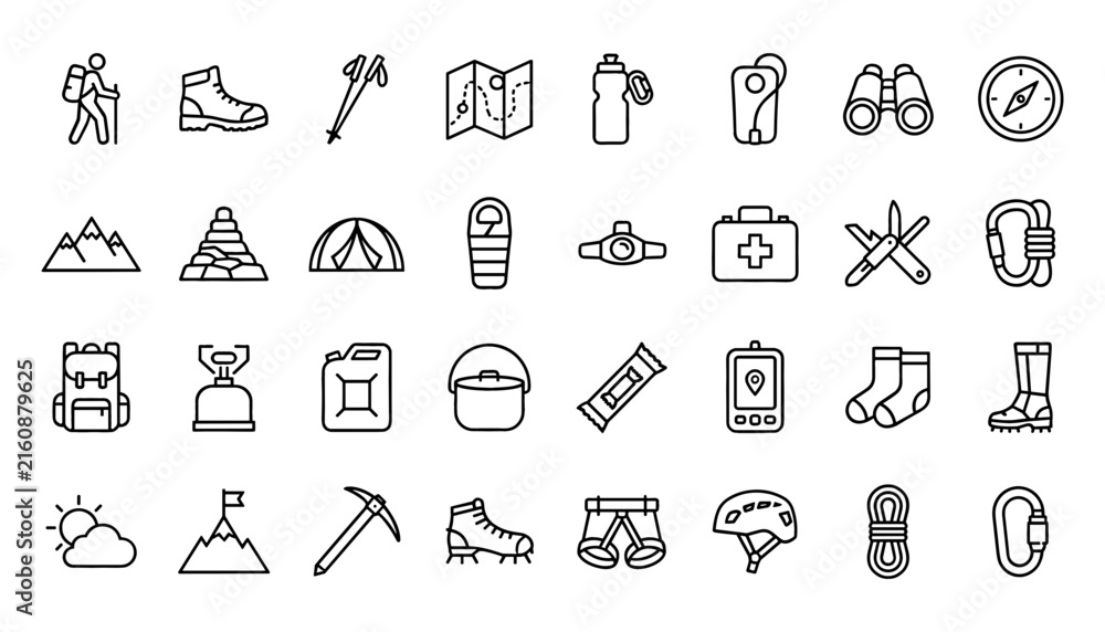 Fototapeta premium Hiking and Mountain Camping Line Icon Set with Outdoor Adventure Gear Backpacking Equipment Trekking Tools and Nature Exploration Symbols for Websites and Apps
