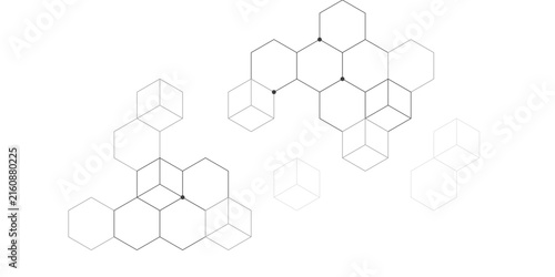 Geometric hexagonal structures with cube outlines against a clean white background representing data networks or molecular bonds