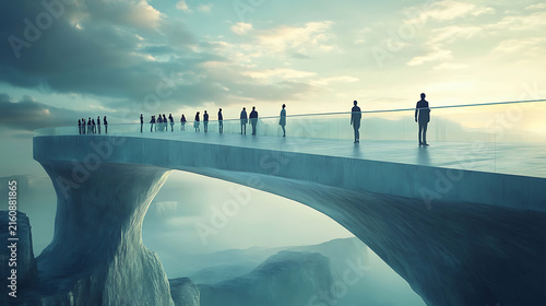 Bridge of hope connecting distant shores with silhouetted figures.