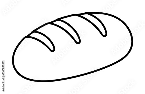 Hand-drawn vector icon illustration of a classic oval bread loaf with diagonal score marks across the top crust, simple black outline doodle style on white background, bakery and food graphic