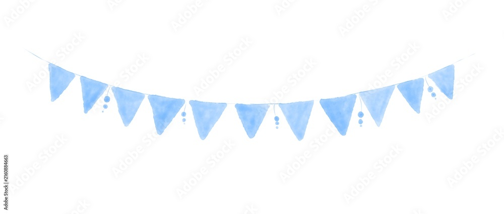 Obraz premium Minimalist Watercolor Blue Bunting Garlands with Triangular Flags on White Background Raster Illustration