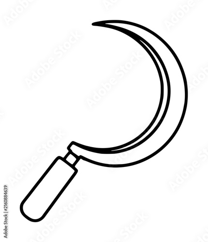 Hand-traced curved sickle with wooden handle black outline vector icon illustration, isolated handcrafted agricultural farming tool drawing, minimalist horticulture graphic symbol for harvest