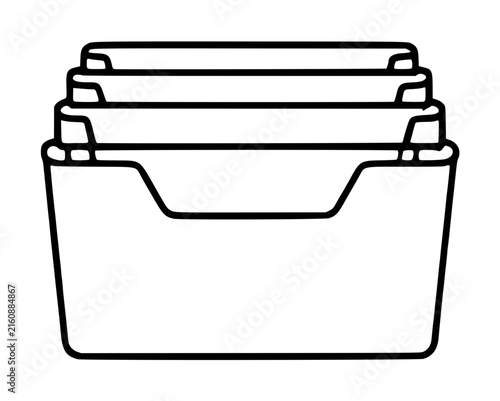 Stackable document tray organizer vector icon, simple black outline illustration of a multi-tier desktop file holder for office papers, hand-drawn nesting container design on white background