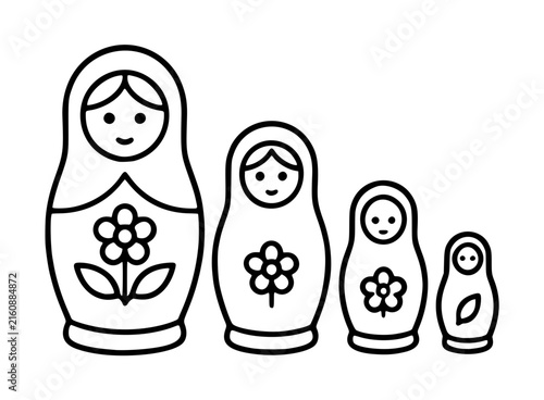 Hand-Drawn Black and White Vector Illustration of Four Russian Nesting Dolls Decreasing in Size with Floral Decorative Patterns in Cute Outline Style