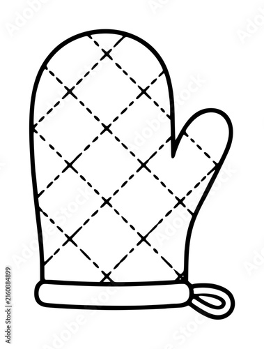 Hand-traced oven mitt vector icon illustration with crosshatch quilted texture detailing, black outline design on white background, perfect for kitchen and cooking graphics