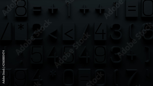 High-Detail 3D Render of Randomly Arranged Mathematical Symbols and Numbers on Dark Background, Featuring Plus Signs, Equals Signs, and Asterisks for Software Development and Education Use