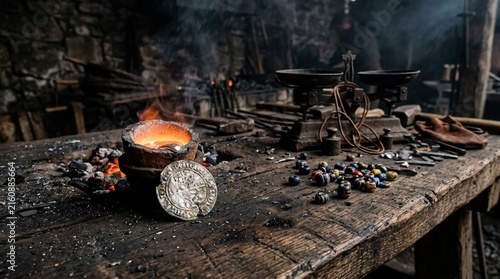 Weathered silver coin fragment resting beside glowing molten metal crucible on rustic wooden workbench with vintage scale and scattered gems