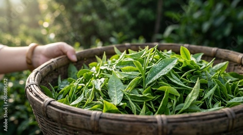Close-up of freshly harvested green tea leaves piled in a rustic woven bamboo basket, a hand holding the edge in a lush sunlit tea garden, vibrant healthy organic foliage