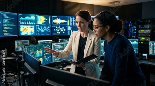 Two female colleagues conferring in dim tech control room, one in cream blazer holding slim folder, analyzing glowing data dashboards and colorful graphs on multiple monitors, professional nighttime