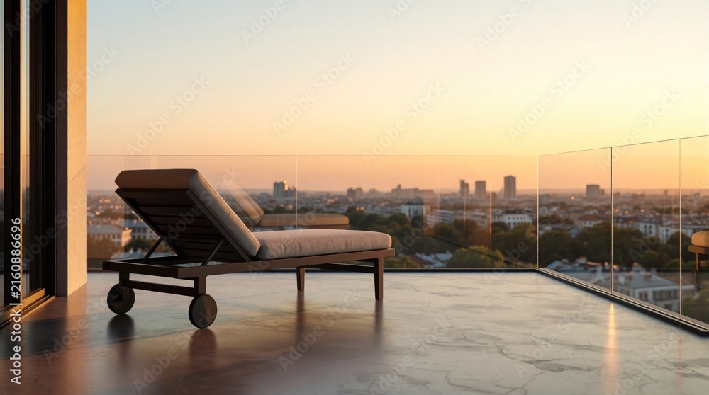 Fototapeta premium Modern luxury balcony with lounge chair at sunset. Minimalist terrace overlooks urban city skyline during golden hour. Stylish outdoor furniture on concrete floor with glass railing. Peaceful rooftop