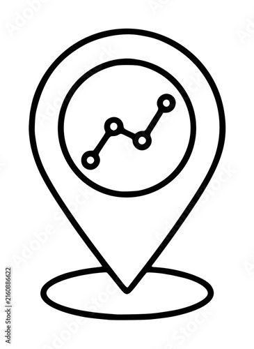 Hand drawn vector location analytics pin icon featuring a circular chart with connected data points inside a map marker with elliptical base outline