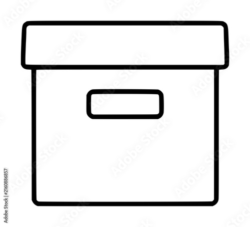 Hand-drawn black line vector illustration of an empty archive storage box icon featuring a rectangular container with a lid and front label slot, simple outline style, isolated on white background,