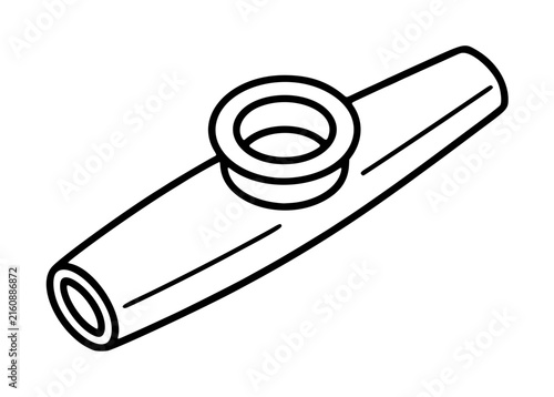 Hand drawn vector icon of a kazoo musical instrument, simple line art illustration featuring a cylindrical tube with a circular membrane mouthpiece, isolated on white background