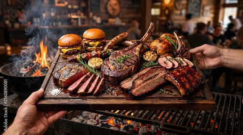 Chef serving a massive wooden platter of grilled meats and burgers in a restaurant.