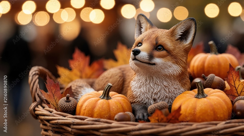 Naklejka premium Realistic fox figurine rests in woven basket with tiny pumpkins acorns autumn leaves. Soft bokeh lights in background create cozy atmosphere for fall decoration.