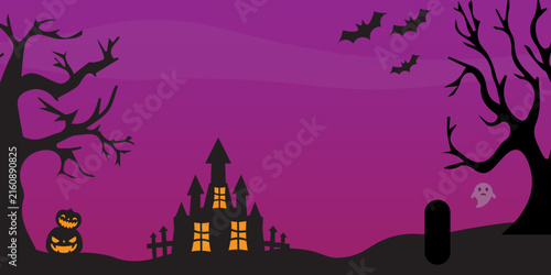 Halloween scene with spooky castle bats bare trees and jackolanterns in vector illustration