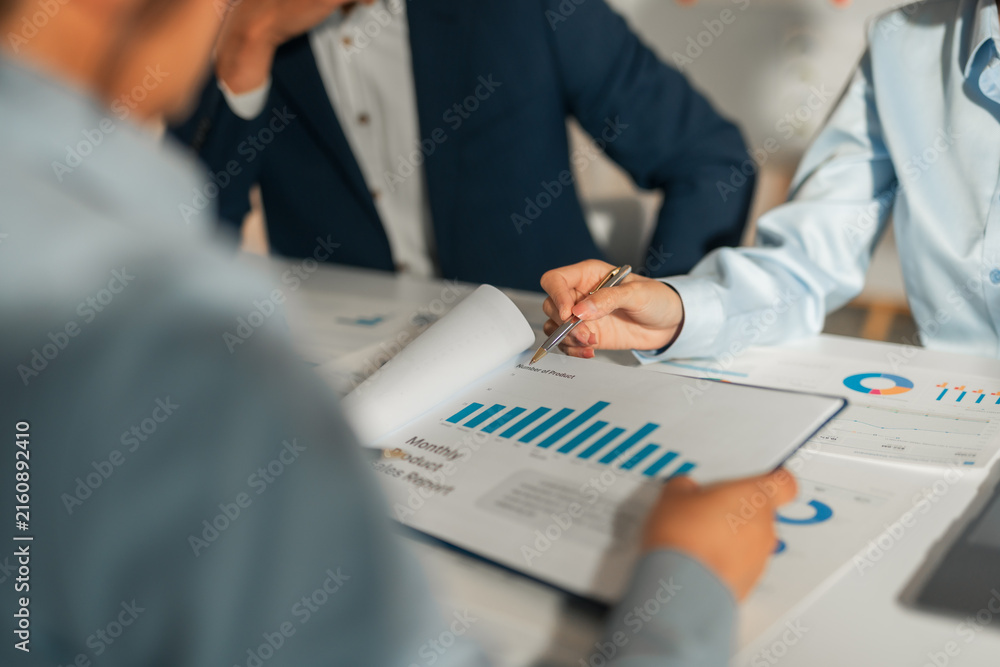 Fototapeta premium Business professionals collaborating, discussing monthly product sales reports with charts and graphs, planning strategy in a meeting