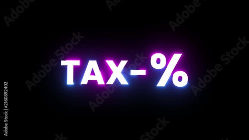 Neon text sign featuring tax percentage symbol glowing with vibrant purple blue light effect