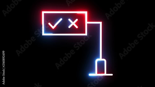 Neon sign with check mark and cross symbols flickering with glowing light on black wall
