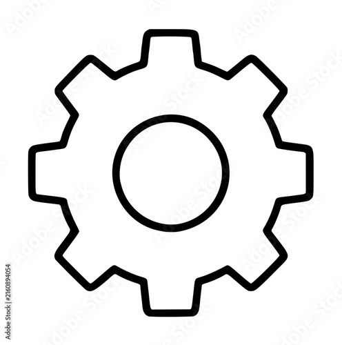 Hand-traced black outline vector icon illustration of a mechanical gear with eight teeth and a central circular hub, minimalist line art style on white background