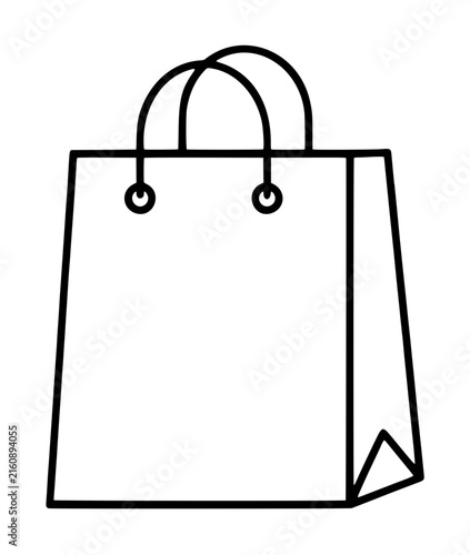 Minimalist black outline vector icon illustration of a classic paper shopping gift bag with rope handles, simple isolated line art drawing for retail design