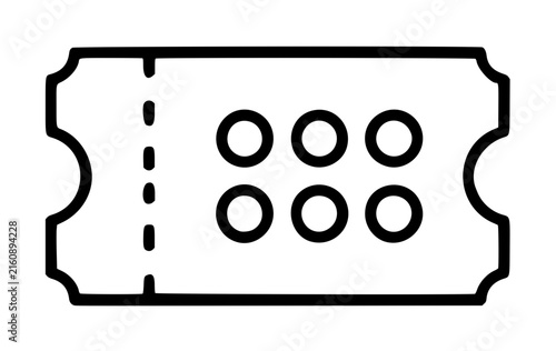 Hand-traced black vector illustration of a classic lottery ticket icon featuring a perforated tear line and six circular number spots, simple line art outline design on white background, minimalist