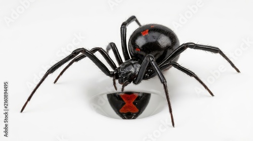 Black widow spider on white background. Dangerous arachnid with red hourglass marking.