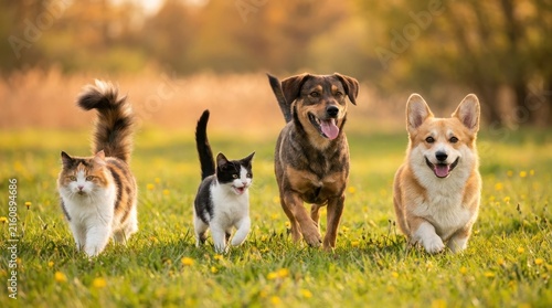 Fototapeta kuchenna Four happy pets running together in a grassy field during daytime.