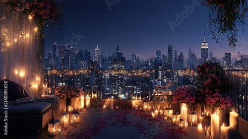Romantic balcony illuminated by moonlight, adorned with glowing candles, fresh flowers, delicate fairy lights, and champagne glasses, overlooking a beautiful city skyline,