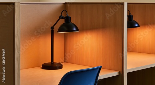 Lit study carrels with black desk lamps and a blue chair