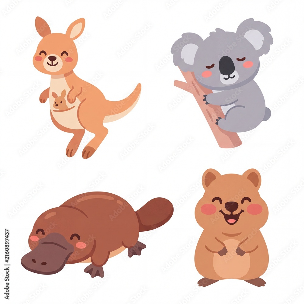 Fototapeta premium Cute Australian Animals Collection Kangaroo Koala Platypus Quokka